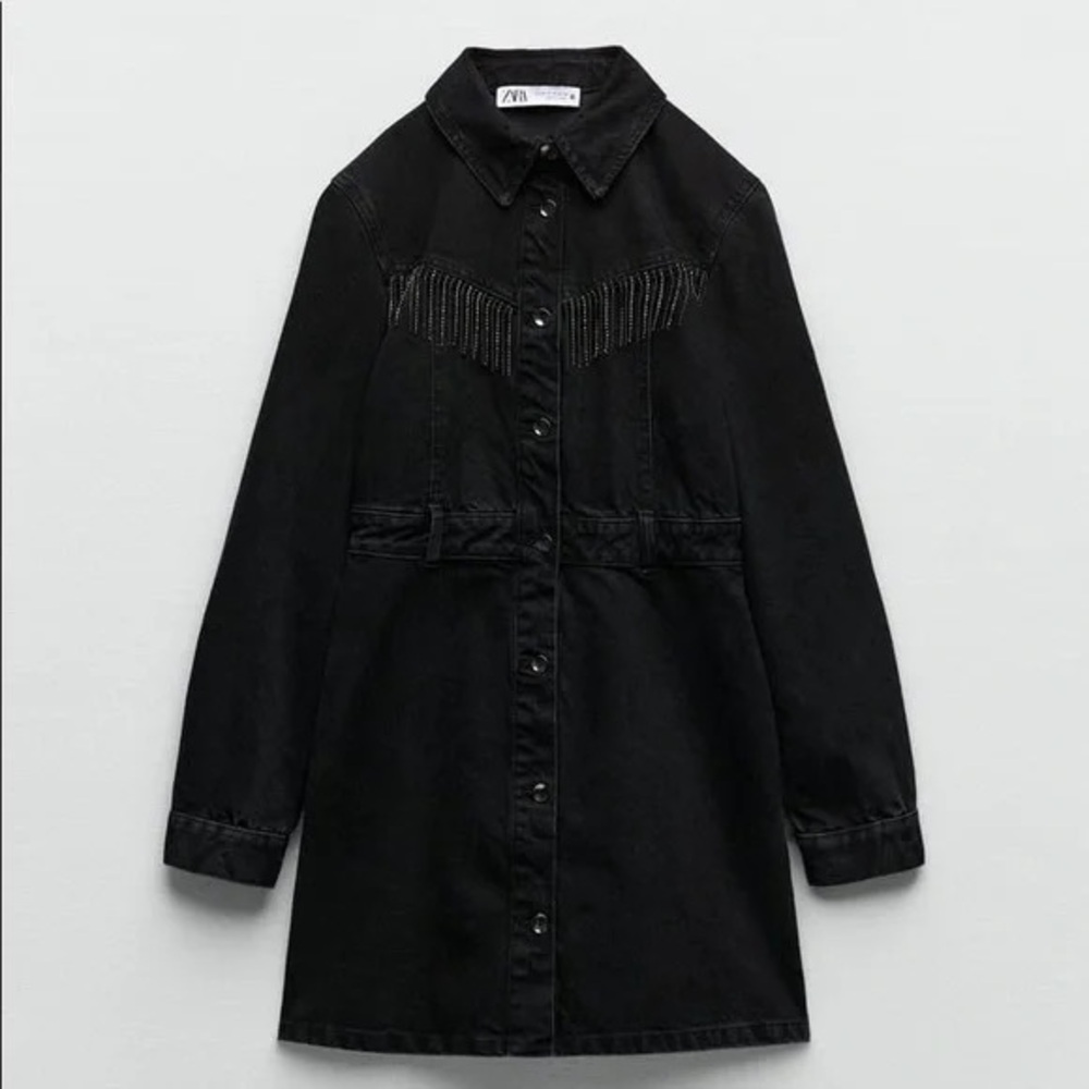 Zara Dress Black Denim Western Fringe Button Front Rhinestones Bachelorette